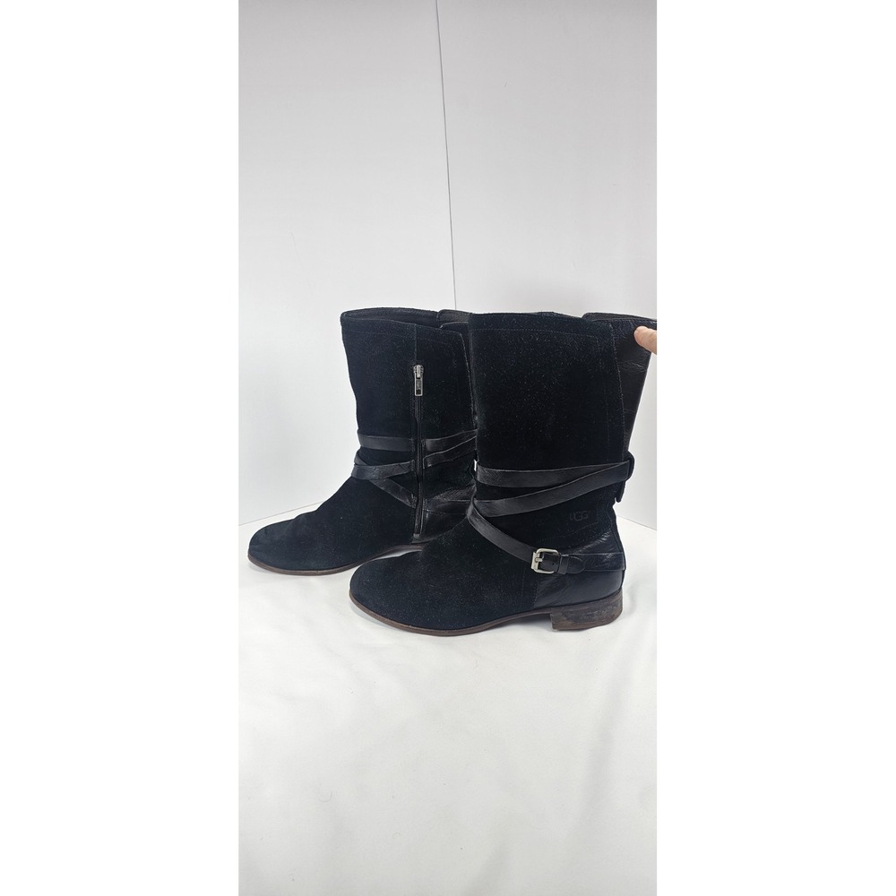 UGG Black Leather Mid Calf Boots Shearling Lined Buckle Strap Womens‎ 8.5